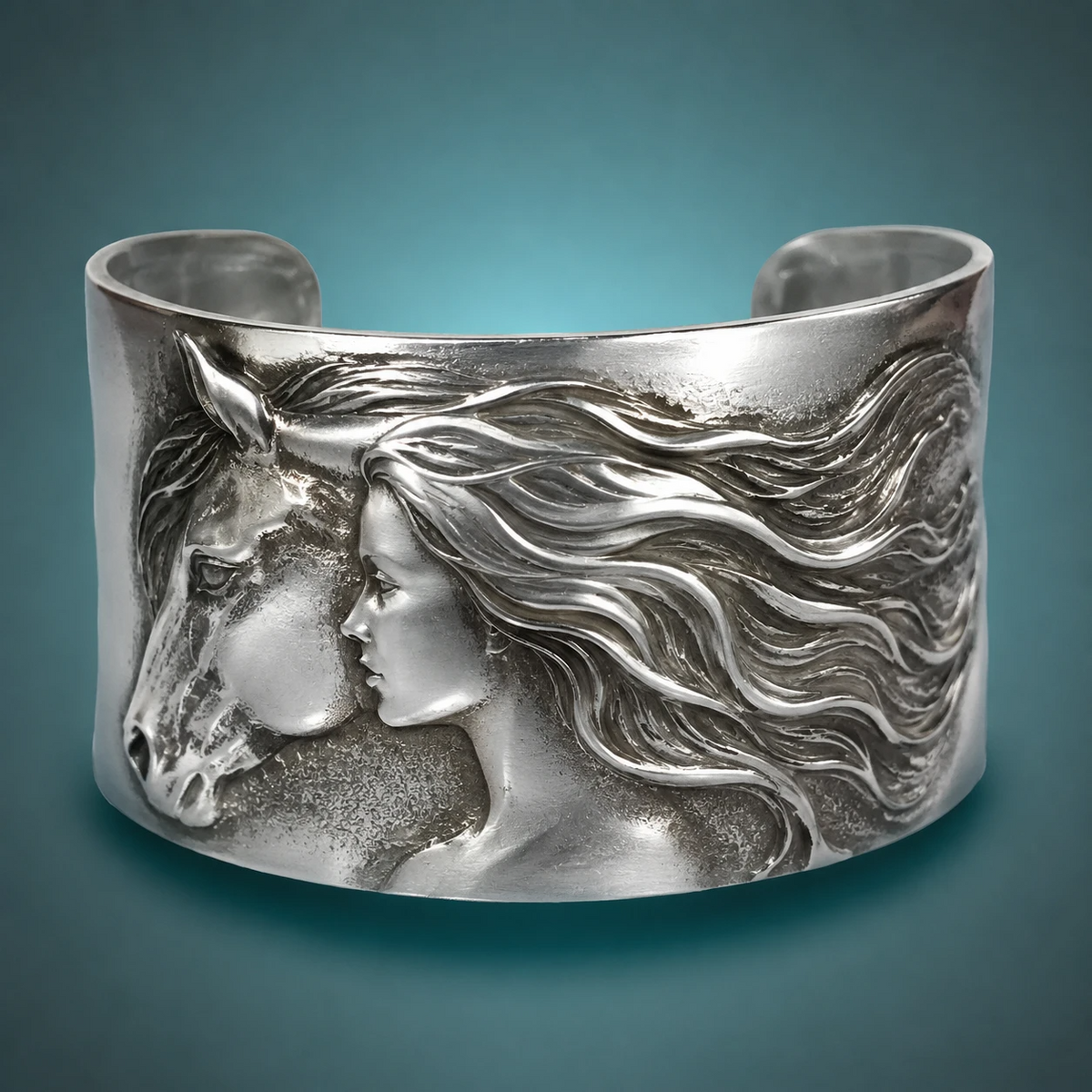 Horse & Woman Silver Cuff Bracelet